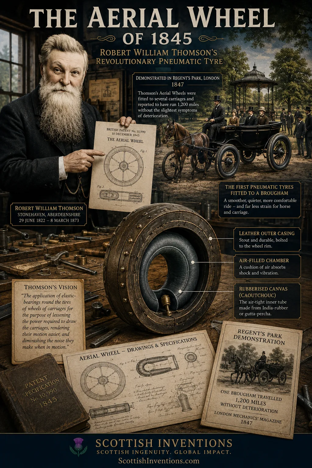 Robert William Thomson displaying his 1845 Aerial Wheel pneumatic tyre design