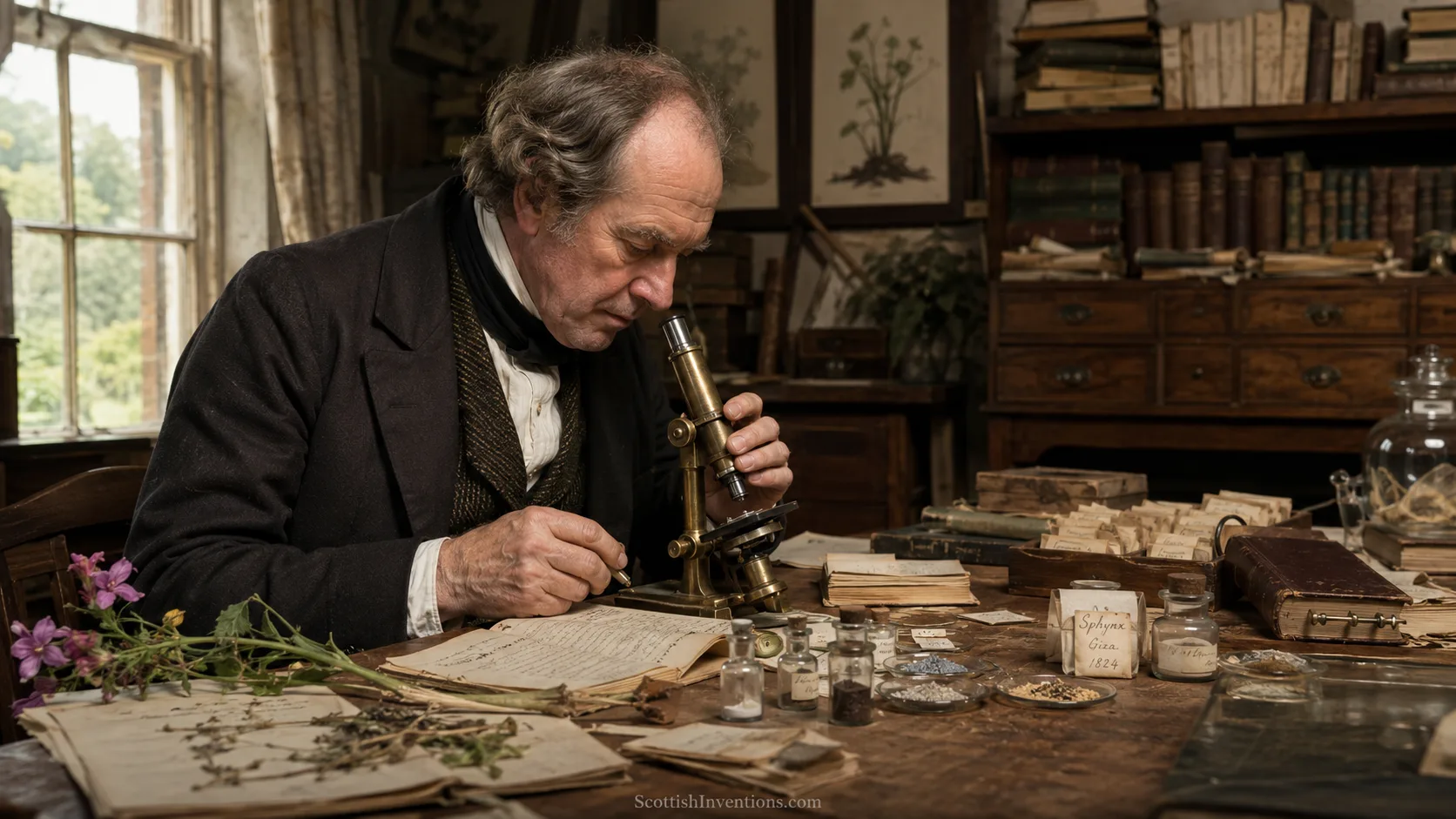 Scottish botanist Robert Brown examining botanical specimens through a nineteenth-century microscope.