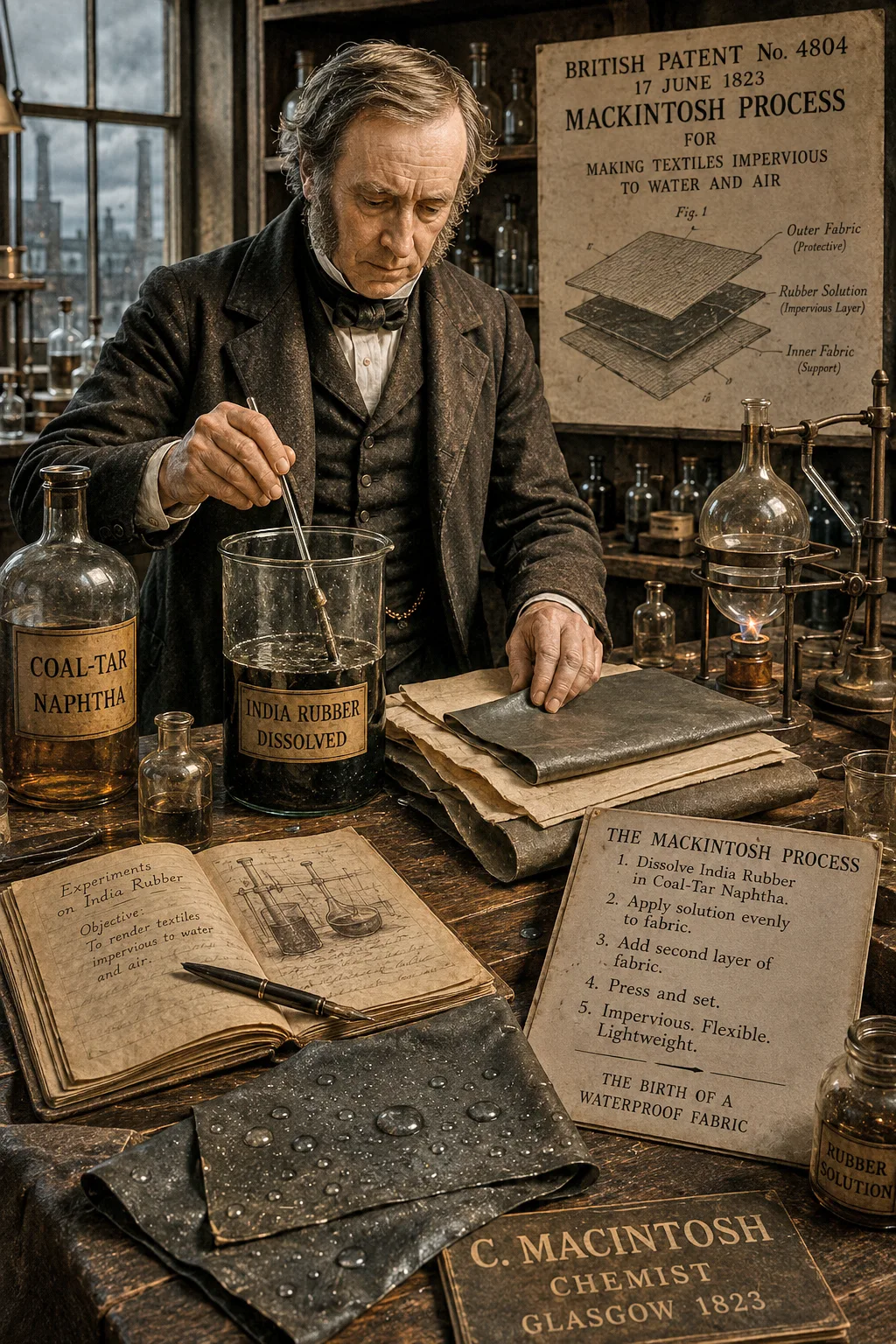 Charles Macintosh dissolving natural rubber in coal-tar naphtha to create the world's first waterproof fabric.