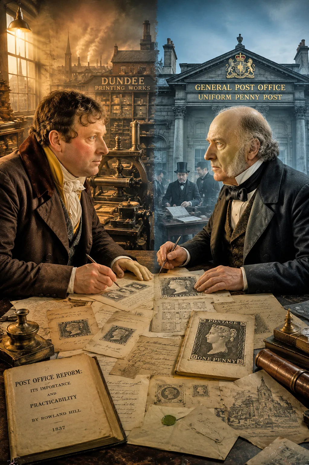 James Chalmers and Sir Rowland Hill discussing Britain's postal reforms