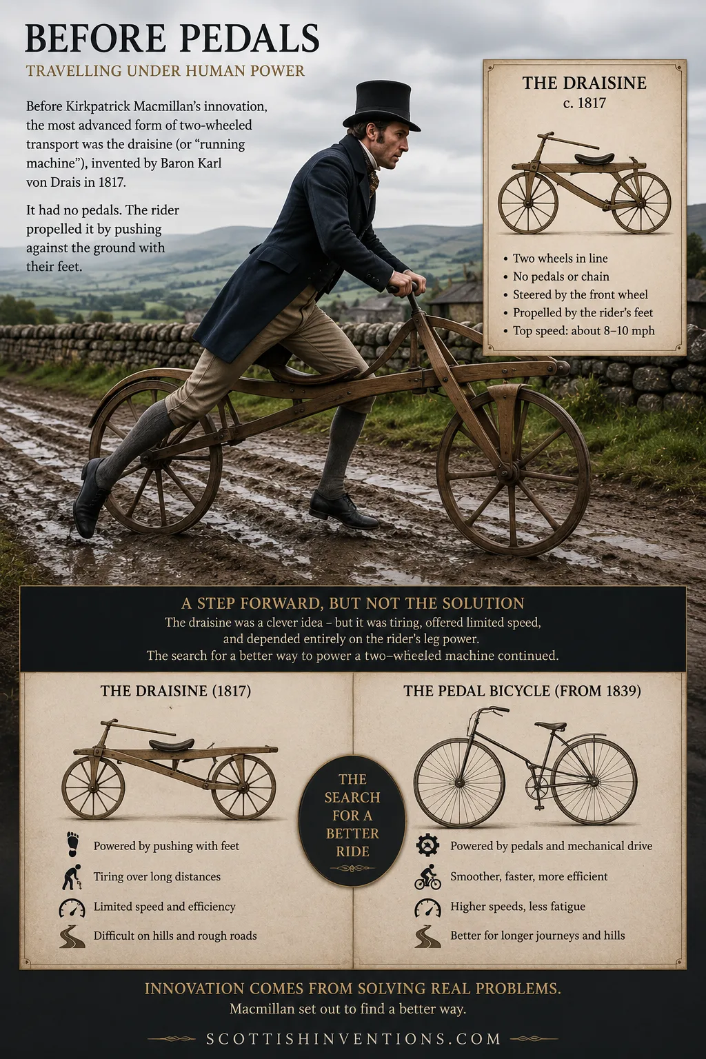 Early draisine running machine without pedals before the pedal bicycle