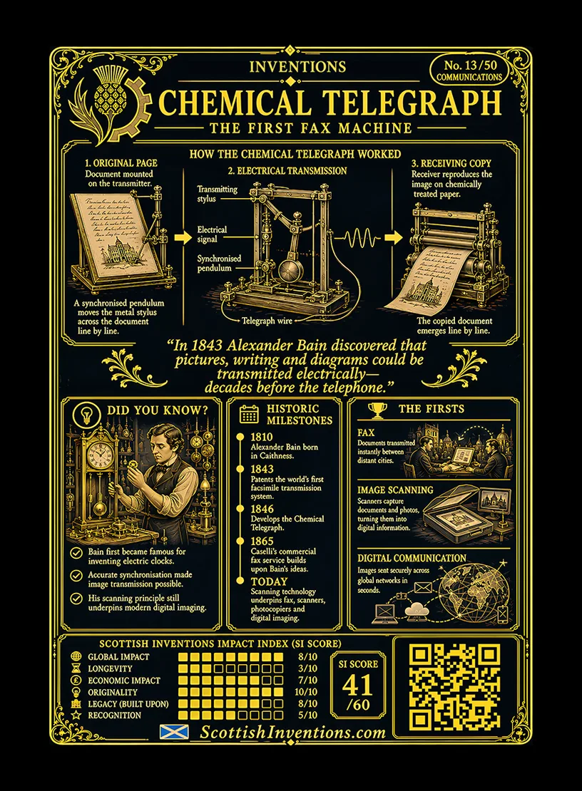 The Chemical Telegraph / The Chemical Telegraph Back back — Scottish Inventions Collection The Chemical Telegraph card reverse — simple diagram showing Alexander Bain's transmitter scanning a metal image, electrical pulses travelling by wire to chemically treated paper, timeline from Bain's 1843 patent to the first commercial fax service and modern image transmission