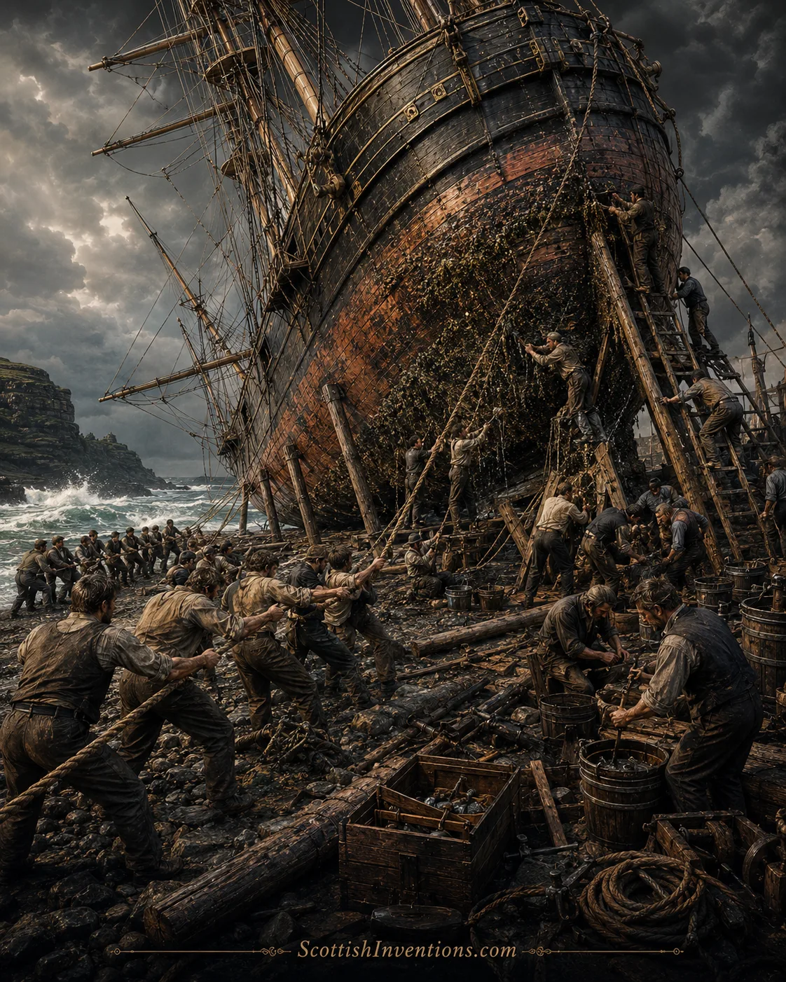 Ship Repair Before the Patent Slip Sailors repairing a wooden sailing ship by careening before Thomas Morton's Patent Slip was invented.