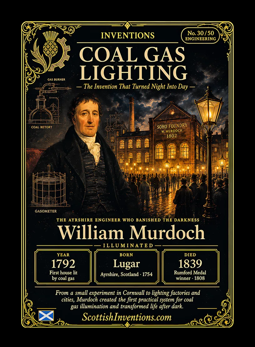 Coal Gas Lighting — Scottish Inventions Collection Coal Gas Lighting collectible card featuring Scottish engineer William Murdoch, who created the first practical coal gas lighting system in 1792, illuminating factories, streets and cities during the Industrial Revolution, Scottish Inventions Collection No. 30 of 50