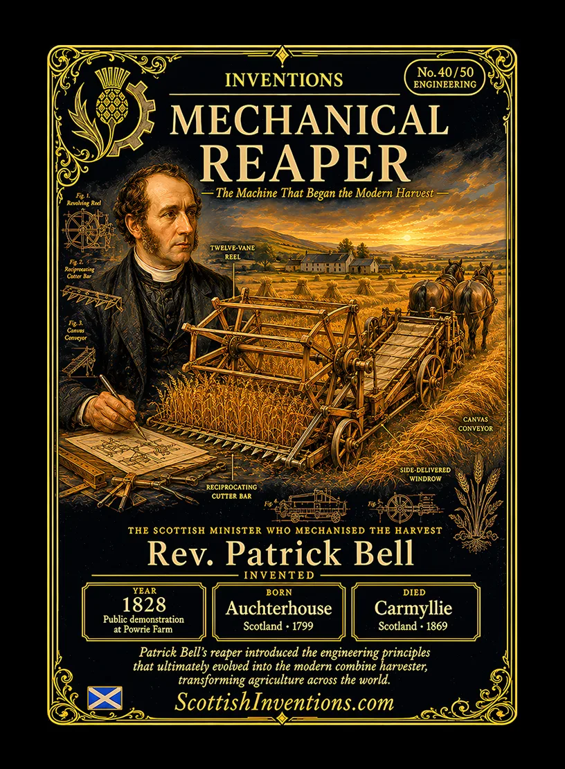 Mechanical Reaping Machine / Mechanical Reaping Machine Back — Scottish Inventions Collection Mechanical Reaping Machine collectible card — Rev. Patrick Bell, born Auchterhouse Scotland 1799, died Carmyllie Scotland 1869, inventor of one of the world's first practical mechanical reaping machines, publicly demonstrated in 1828, Scottish Inventions Collection No. 40 of 50.