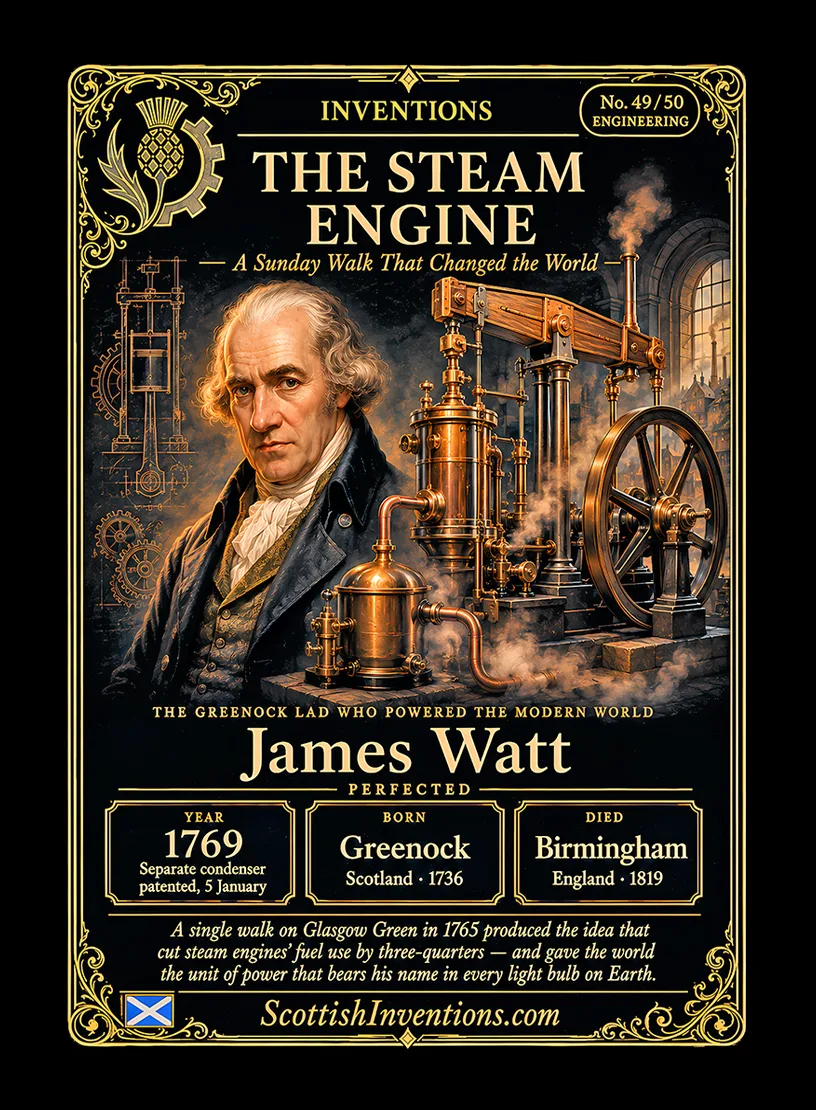 The Steam Engine — Scottish Inventions Collection The Steam Engine collectible card — James Watt, born Greenock Scotland 1736, died Birmingham England 1819, patented the separate condenser on 5 January 1769, cutting steam engine fuel use by three-quarters and powering the Industrial Revolution, Scottish Inventions Collection No. 49 of 50