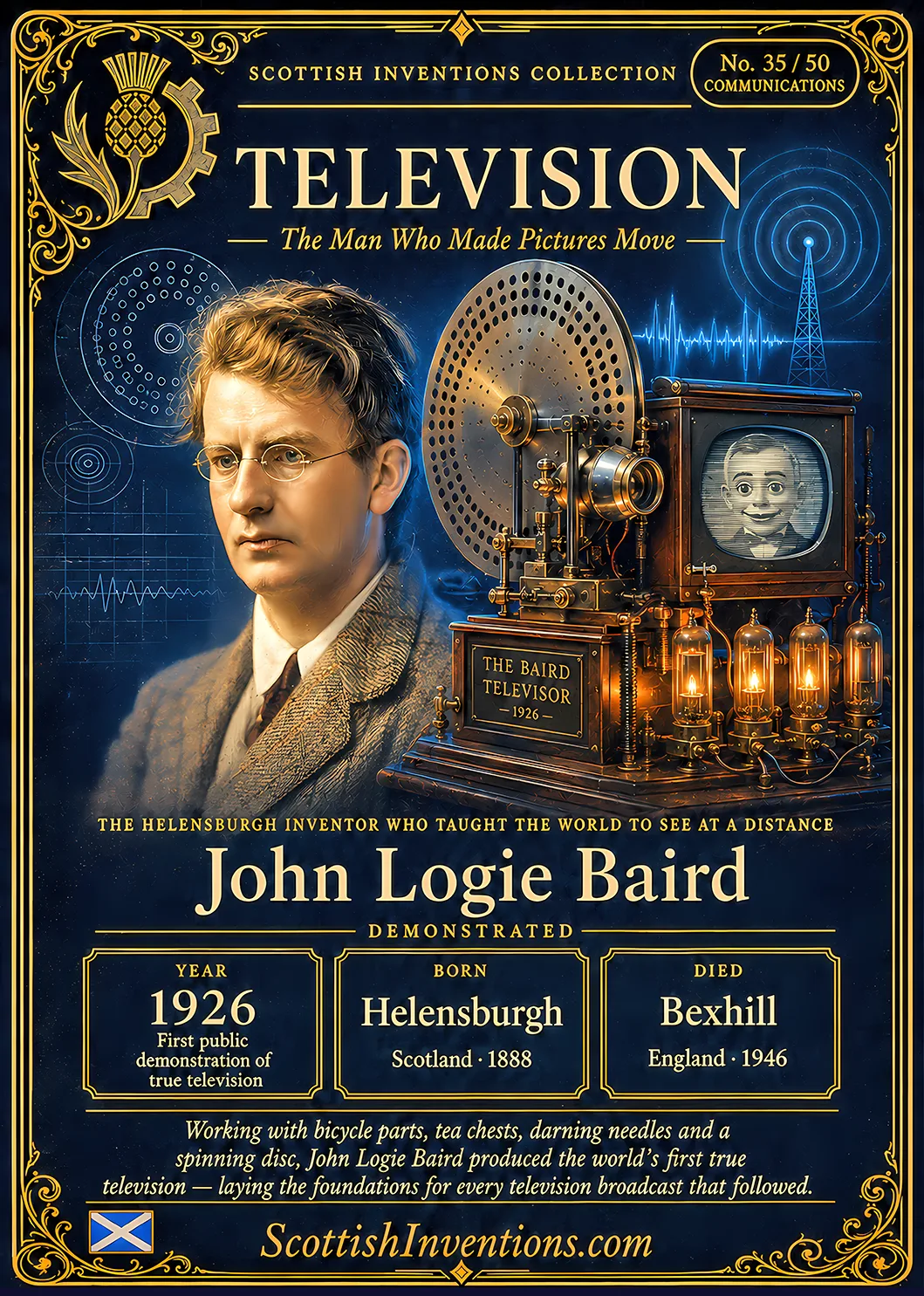 Television — Scottish Inventions Collection Television collectible card — John Logie Baird, born Helensburgh, Scotland, 13 August 1888; died Bexhill-on-Sea, England, 14 June 1946; inventor of the world's first practical television; first public demonstration at 22 Frith Street, London, on 26 January 1926; Scottish Inventions Collection No. 35 of 50.