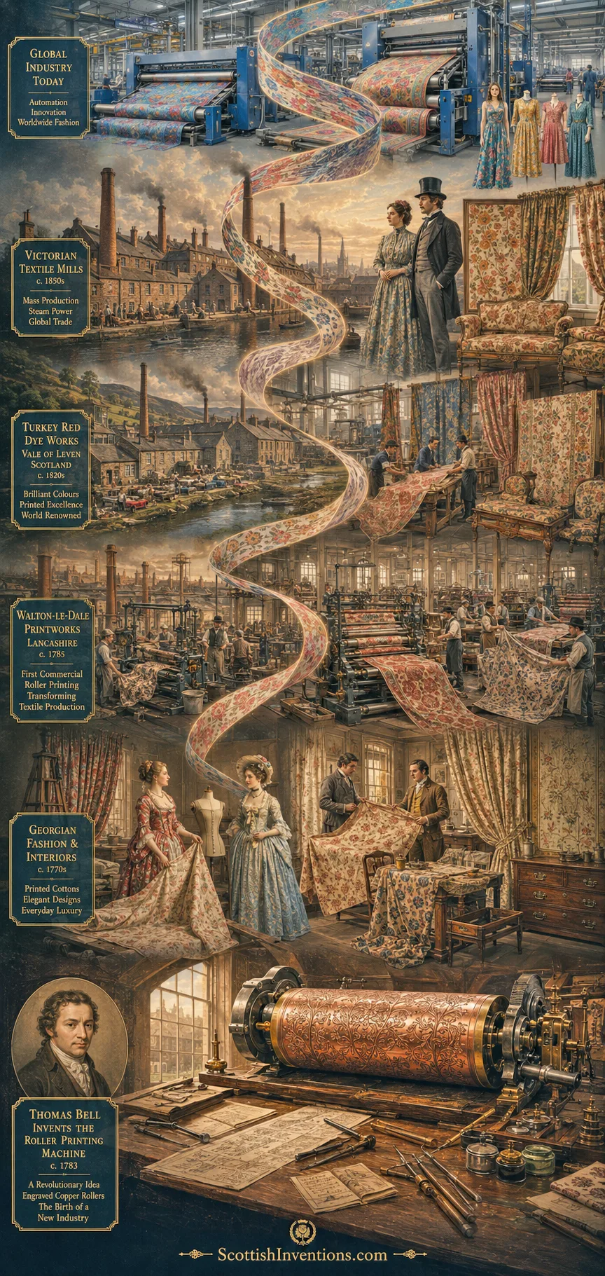 How Roller Printing Changed the World Historical timeline showing how Thomas Bell's roller printing invention transformed textile manufacturing and global fashion.