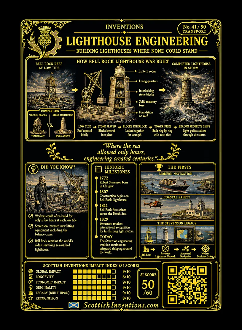 Bell Rock Lighthouse / Bell Rock Lighthouse Back back — Scottish Inventions Collection Bell Rock Lighthouse card reverse — engineering infographic showing construction on the Bell Rock reef, Robert Stevenson timeline, lighthouse innovations and the world's oldest surviving sea-washed lighthouse