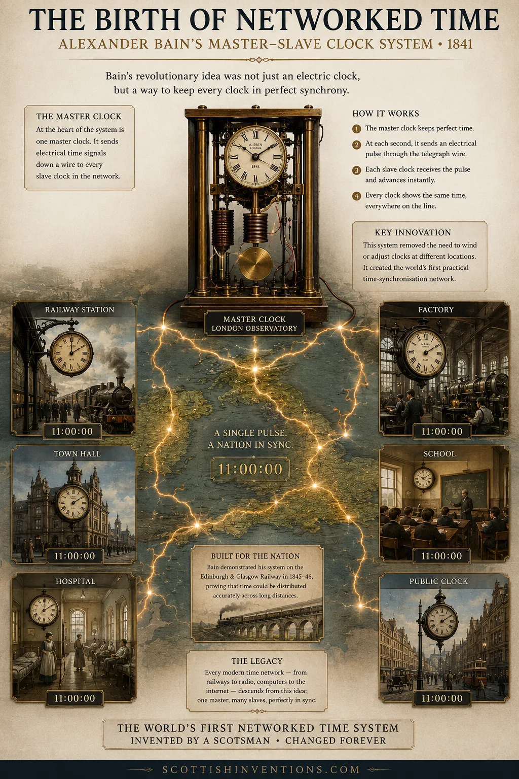 Alexander Bain master slave clock synchronization system distributing time signals