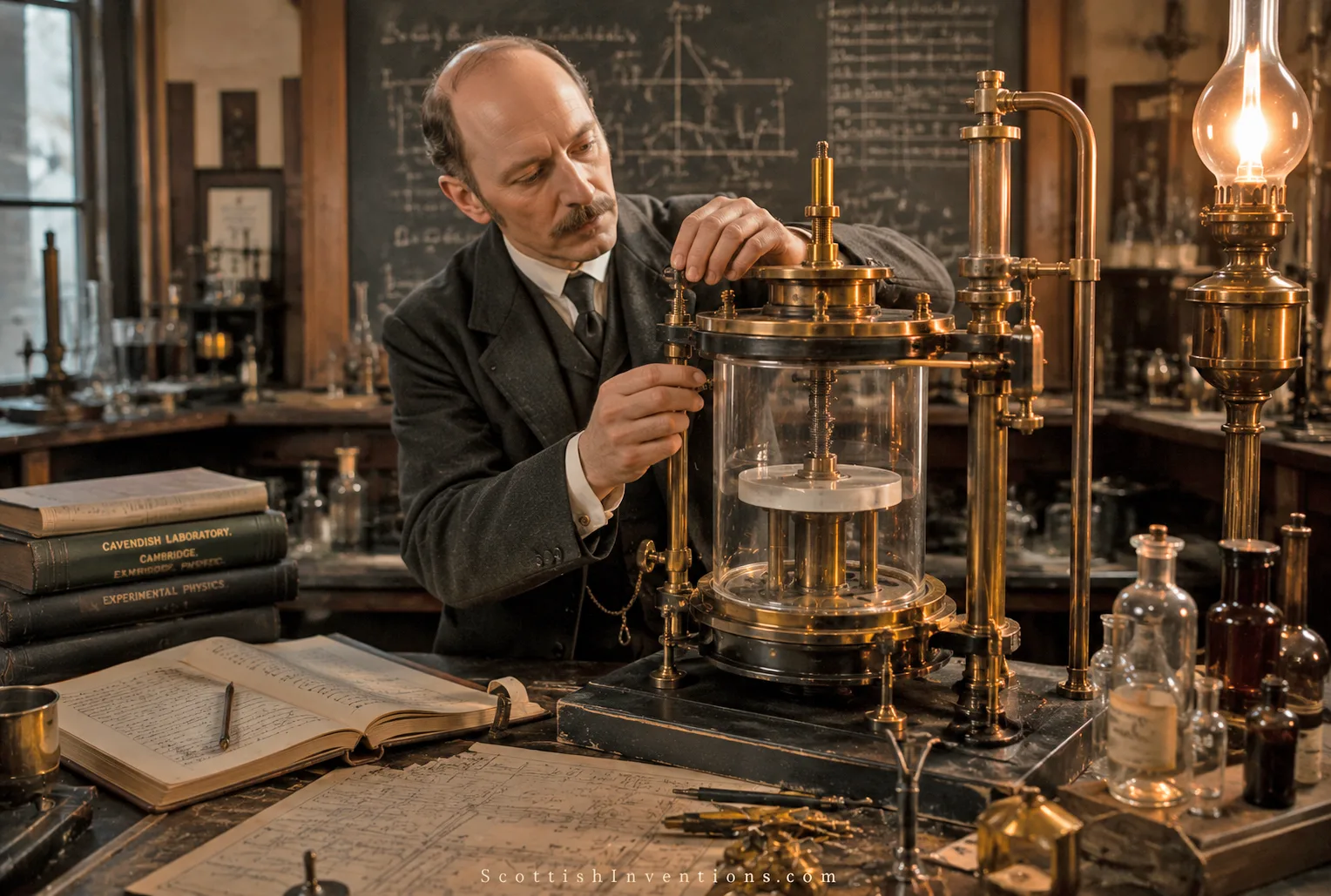 C.T.R. Wilson constructing an early cloud chamber at the Cavendish Laboratory