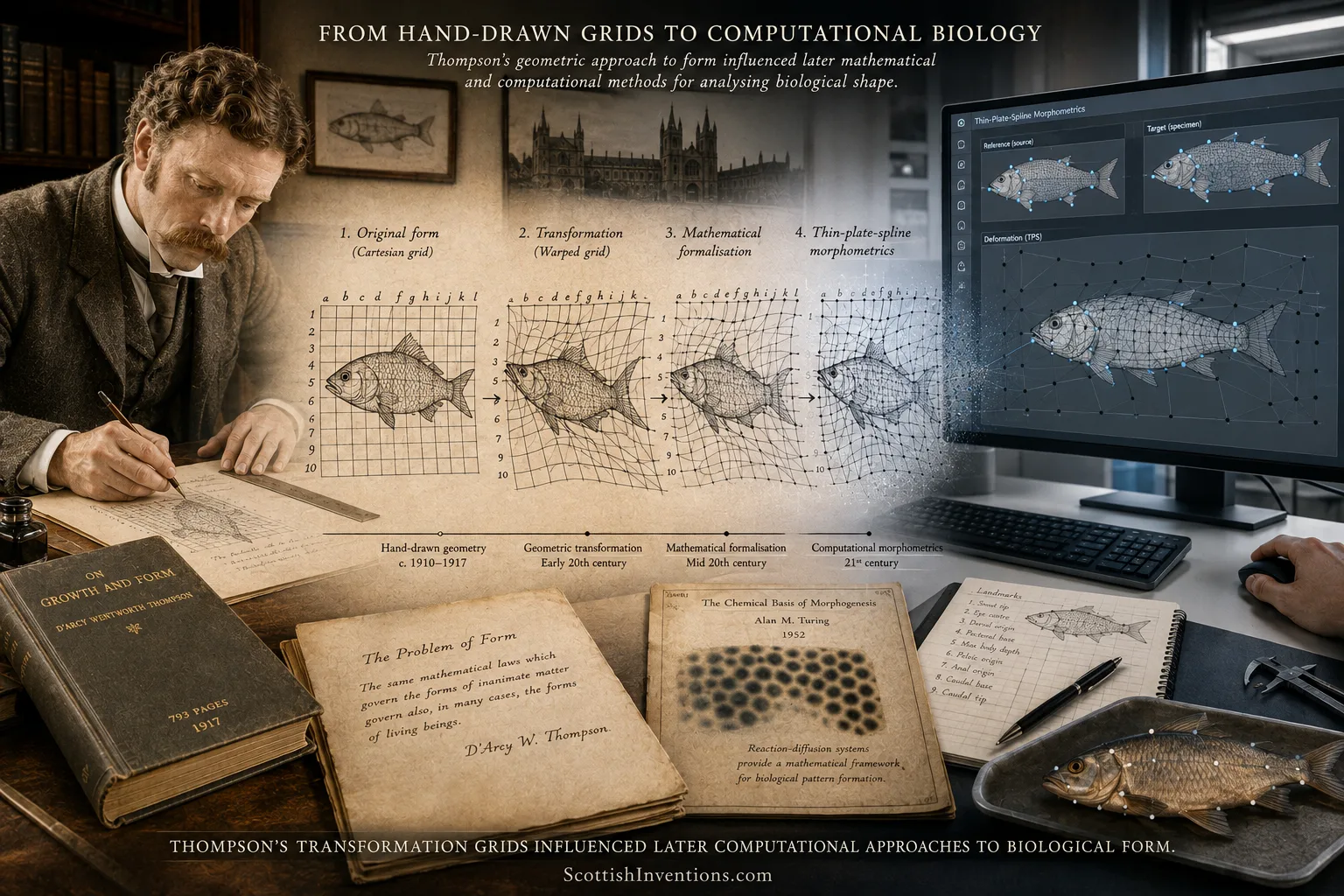 A visual bridge from D'Arcy Thompson's hand-drawn transformation grids to modern computational morphometrics, illustrating his lasting influence on biological modelling.