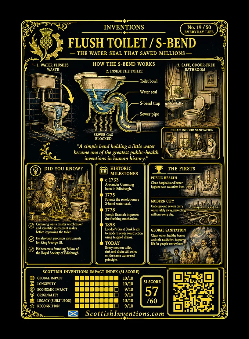 The S-Bend / The S-Bend Back back — Scottish Inventions Collection The S-Bend card reverse — cutaway diagram showing how the water seal inside the S-bend blocks sewer gases while allowing waste to flow away, with timeline from Cumming's 1775 patent to modern sanitation