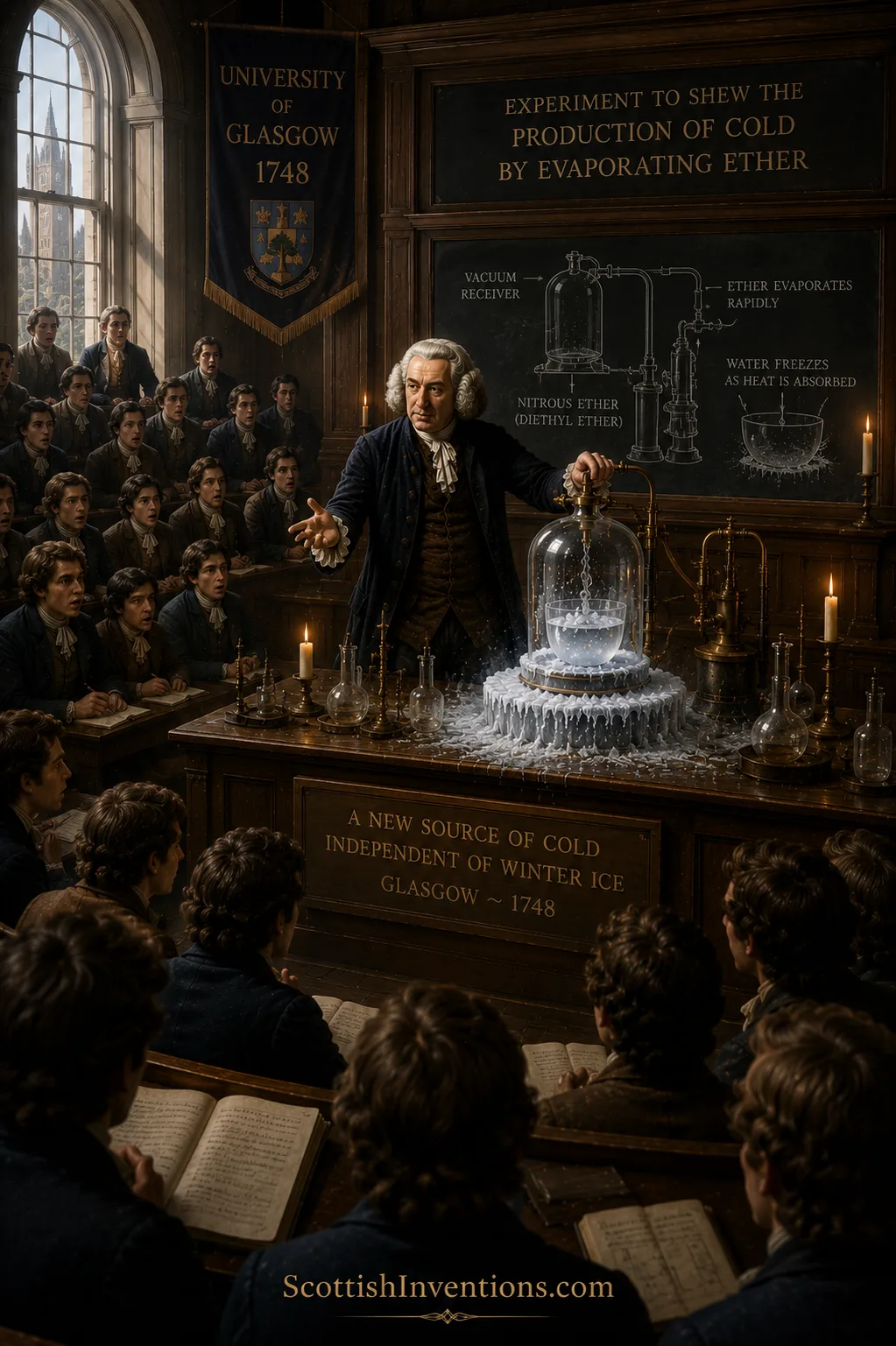 William Cullen demonstrating artificial refrigeration by freezing water with ether and a vacuum
