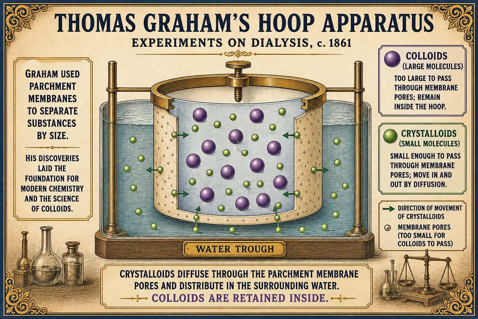 Cross-section diagram of Graham's parchment-membrane dialyser hoop floating in a water trough, showing small crystalloid molecules passing through the membrane pores while larger colloid molecules are held back inside