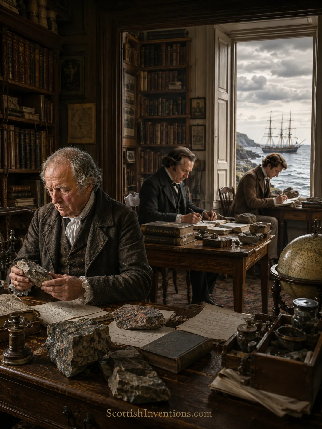 Historical visualisation of James Hutton, Charles Lyell and young Charles Darwin representing the influence of deep time on geology and evolution.