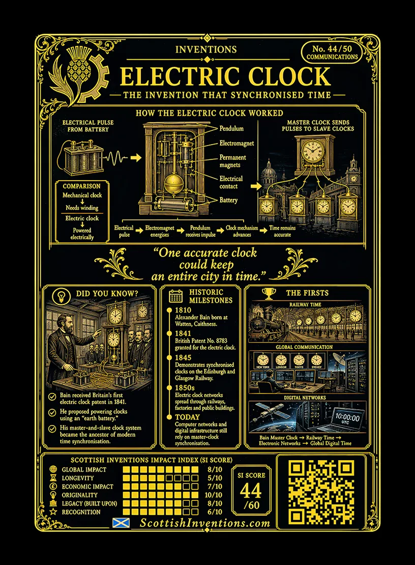 The Electric Clock back — Scottish Inventions Collection The Electric Clock card reverse — diagram showing a master clock sending electrical pulses to keep slave clocks in step, Alexander Bain timeline from 1810 to 1845, note on the priority dispute with Sir Charles Wheatstone