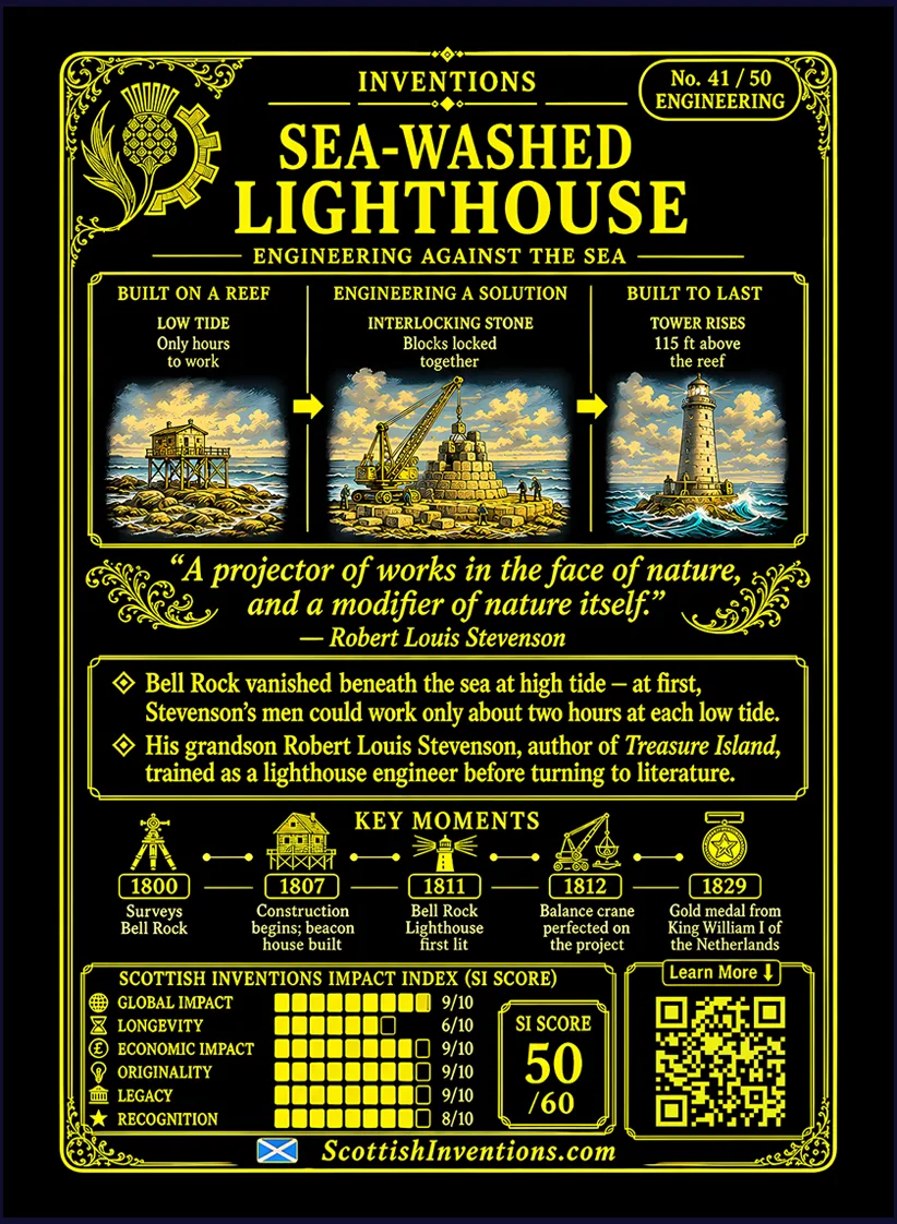Bell Rock Lighthouse card reverse — engineering infographic showing construction on the Bell Rock reef, Robert Stevenson timeline, lighthouse innovations and the world's oldest surviving sea-washed lighthouse