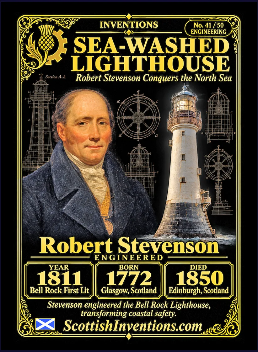 Bell Rock Lighthouse collectible card — Robert Stevenson, Scottish civil engineer who designed and built the Bell Rock Lighthouse, first illuminated in 1811, Scottish Inventions Collection No. 41 of 50