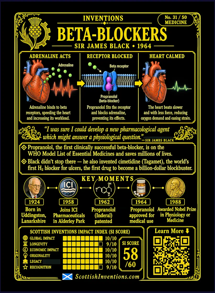 Beta-Blockers and Cimetidine card reverse — lock and key diagram showing how propranolol blocks adrenaline receptors, Sir James Black timeline from 1924 to 1988, note on evolving evidence for beta-blockers after heart attacks