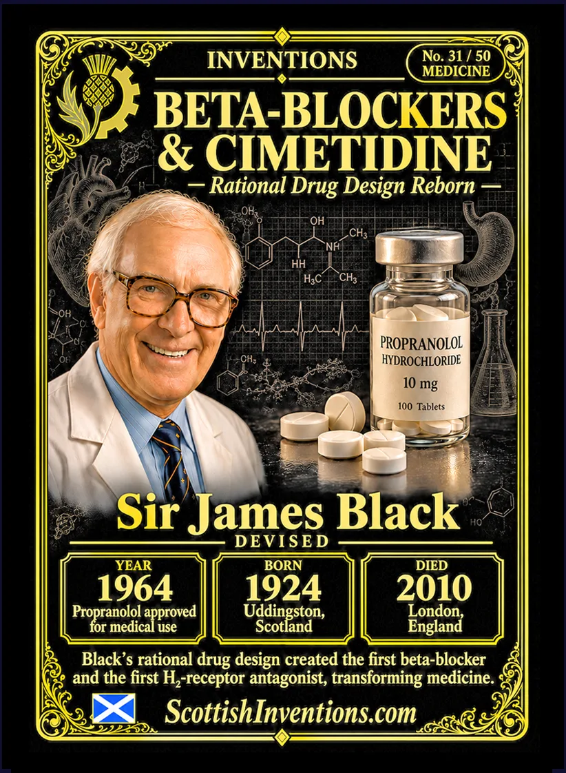 Beta-Blockers and Cimetidine collectible card — Sir James Black, born Uddingston Scotland 1924, died London England 2010, devised propranolol the first beta-blocker approved in 1964 and cimetidine (Tagamet) the first billion-dollar drug, won the 1988 Nobel Prize in Physiology or Medicine, Scottish Inventions Collection No. 31 of 50