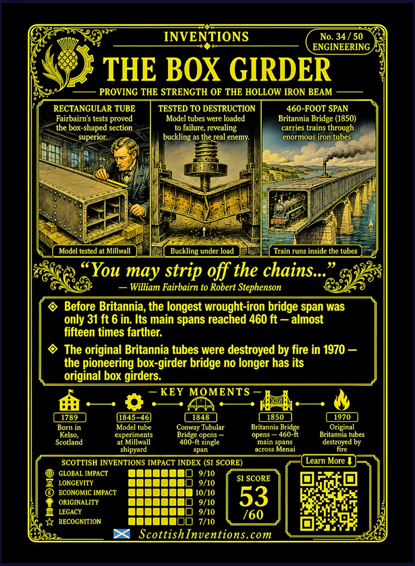 Box Girder card reverse — engineering diagram explaining how Sir William Fairbairn's rectangular box girder and cellular top flange revolutionised bridge construction, timeline from the Menai experiments to Britannia Bridge, plus historical context explaining the development of modern box girder engineering.