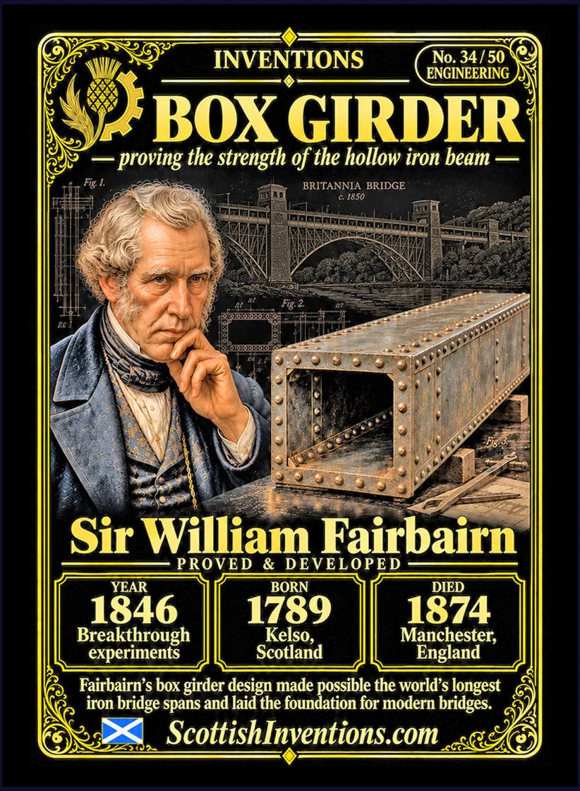 Box Girder collectible card — Sir William Fairbairn, born Kelso Scotland 1789, died Manchester England 1874, developer of the self-supporting wrought-iron box girder, pioneer of Britannia Bridge engineering, Scottish Inventions Collection No. 34 of 50.