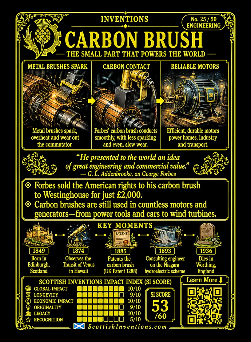 The Carbon Brush card reverse — why carbon works diagram from sparking metal brush to smooth carbon brush to reliable motor, George Forbes timeline 1849 to 1895 including the Niagara Falls hydroelectric project