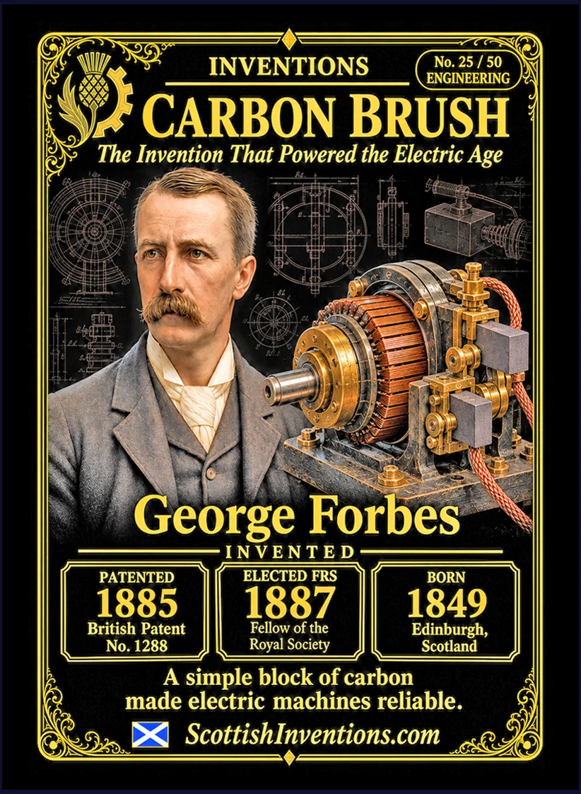 The Carbon Brush collectible card — George Forbes, born Edinburgh Scotland 1849, died Worthing England 1936, demonstrated the carbon brush in 1882 making electric motors and dynamos smoother, cleaner and more reliable, Scottish Inventions Collection No. 25 of 50