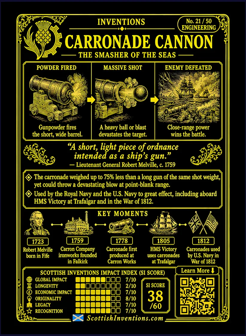 Carronade card reverse — the carronade advantage comparison, Carron Ironworks timeline, Robert Burns at the gate, and the dark side of Scotland's most lethal naval weapon