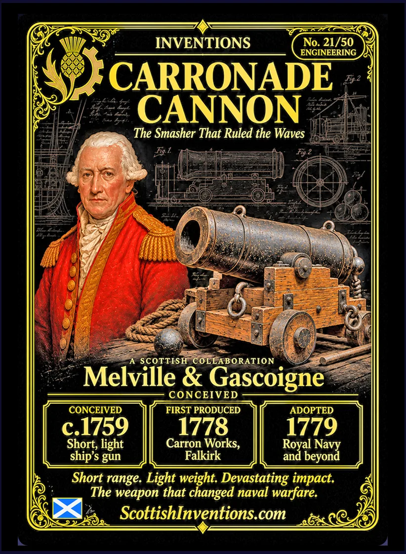 Carronade collectible card — Melville and Gascoigne, conceived Monimail Fife Scotland 1723, first produced at Carron Ironworks Falkirk 1778, the short naval cannon nicknamed The Smasher that helped win Trafalgar, Scottish Inventions Collection No. 21 of 50