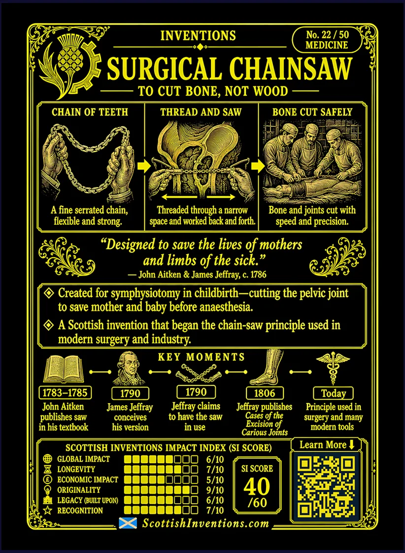 Chainsaw card reverse — the two inventors John Aitken and James Jeffray, timeline and surgical origin of the chainsaw