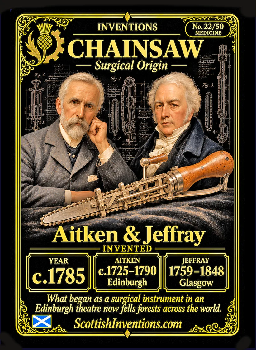 Chainsaw collectible card — Aitken and Jeffray, Scottish surgeons, invented the chainsaw for surgery c.1785, Scottish Inventions Collection No. 22 of 50