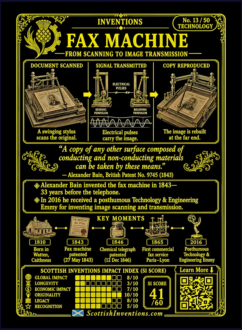 The Chemical Telegraph card reverse — simple diagram showing Alexander Bain's transmitter scanning a metal image, electrical pulses travelling by wire to chemically treated paper, timeline from Bain's 1843 patent to the first commercial fax service and modern image transmission