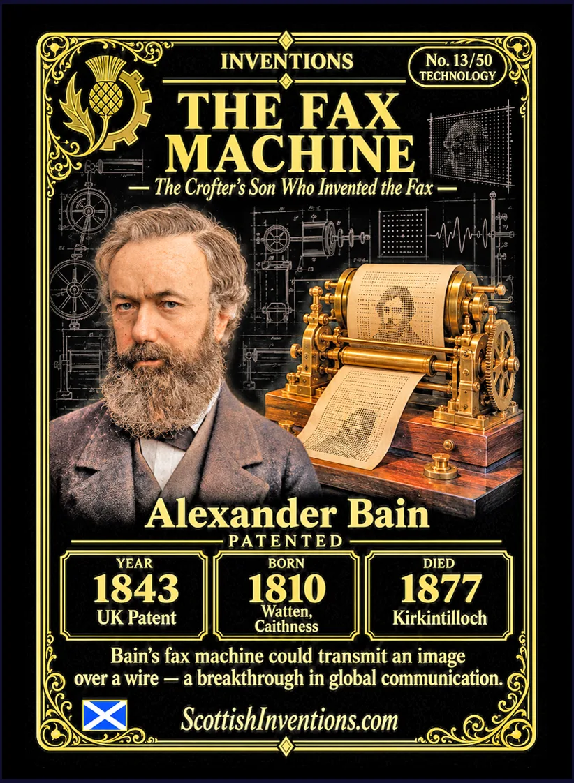The Chemical Telegraph collectible card — Alexander Bain of Watten, Caithness, patented the Chemical Telegraph in 1843, introducing the world's first image transmission system and the scanning principle that led to the fax machine, Scottish Inventions Collection No. 13 of 50