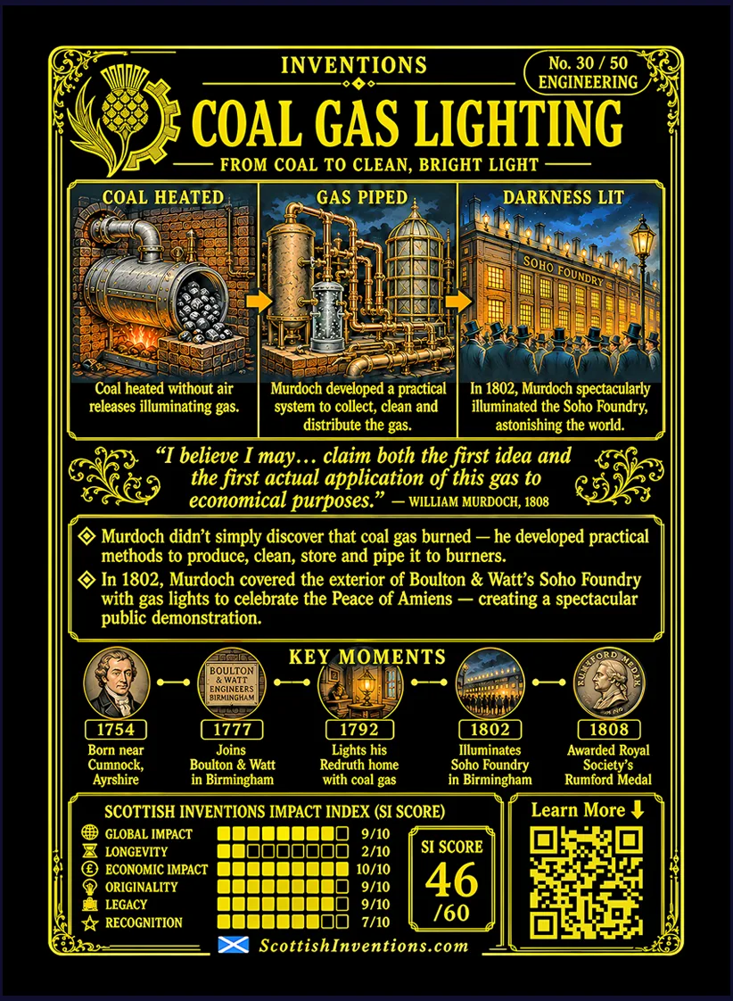 Coal Gas Lighting card reverse explaining how William Murdoch converted coal into illuminating gas using retorts, gasometers and distribution pipes, with engineering diagram, historical timeline and Industrial Revolution impact