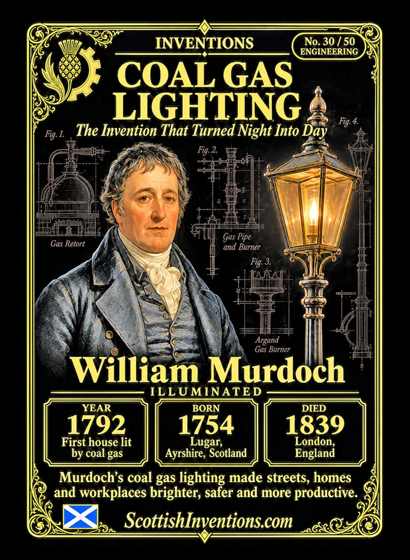 Coal Gas Lighting collectible card featuring Scottish engineer William Murdoch, who created the first practical coal gas lighting system in 1792, illuminating factories, streets and cities during the Industrial Revolution, Scottish Inventions Collection No. 30 of 50