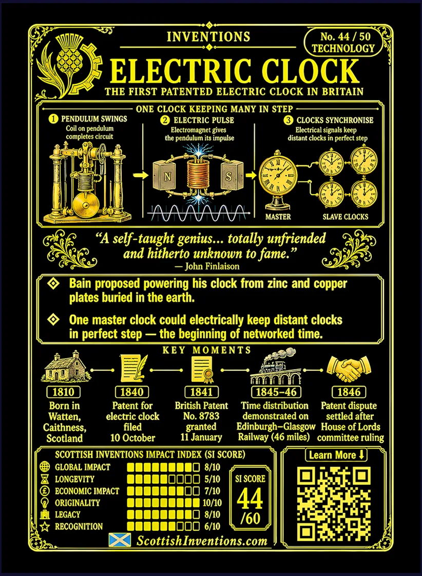 The Electric Clock card reverse — diagram showing a master clock sending electrical pulses to keep slave clocks in step, Alexander Bain timeline from 1810 to 1845, note on the priority dispute with Sir Charles Wheatstone
