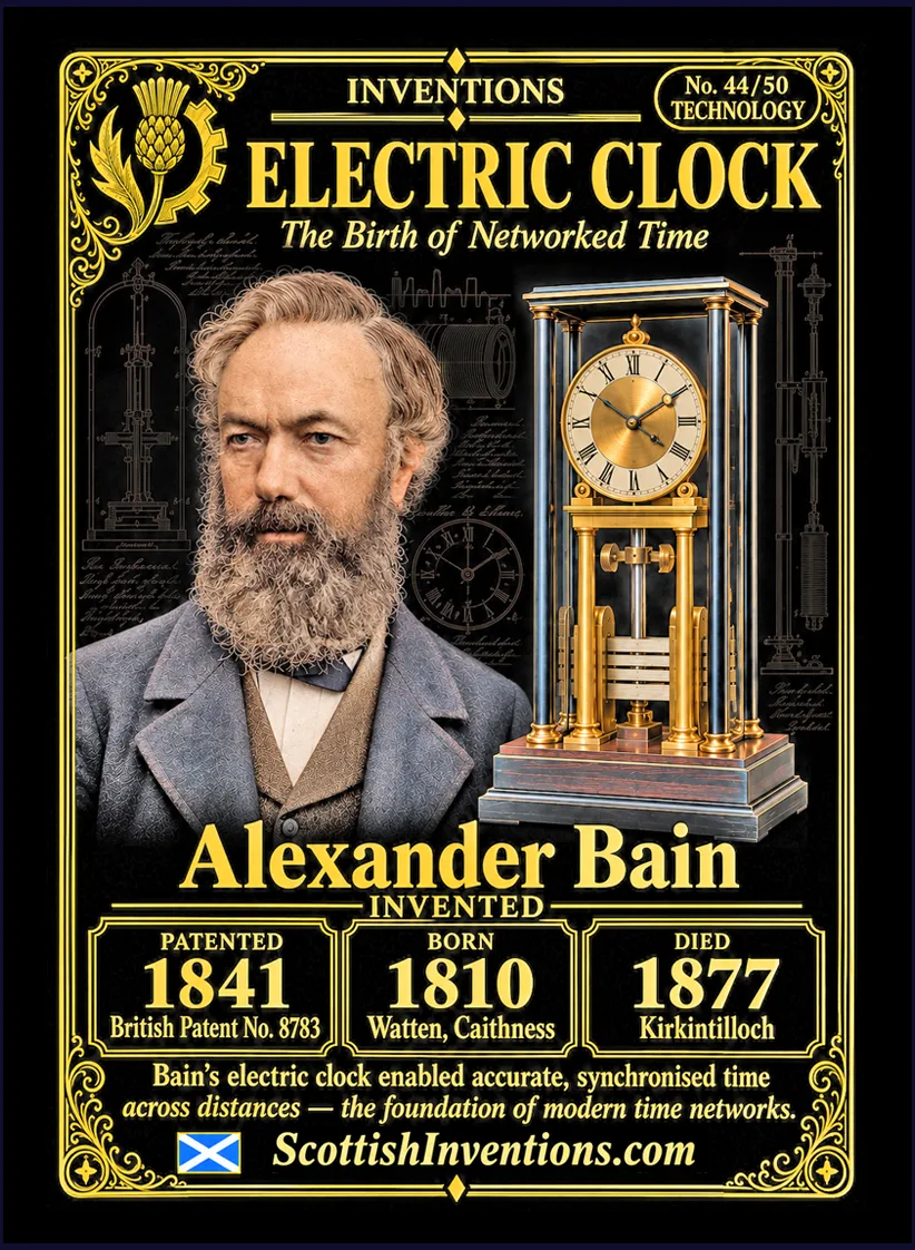 The Electric Clock collectible card — Alexander Bain, born Watten Caithness Scotland 1810, died Kirkintilloch Scotland 1877, patented the first British electric clock in 1841, inventing the master-and-slave principle for synchronising clocks, Scottish Inventions Collection No. 44 of 50