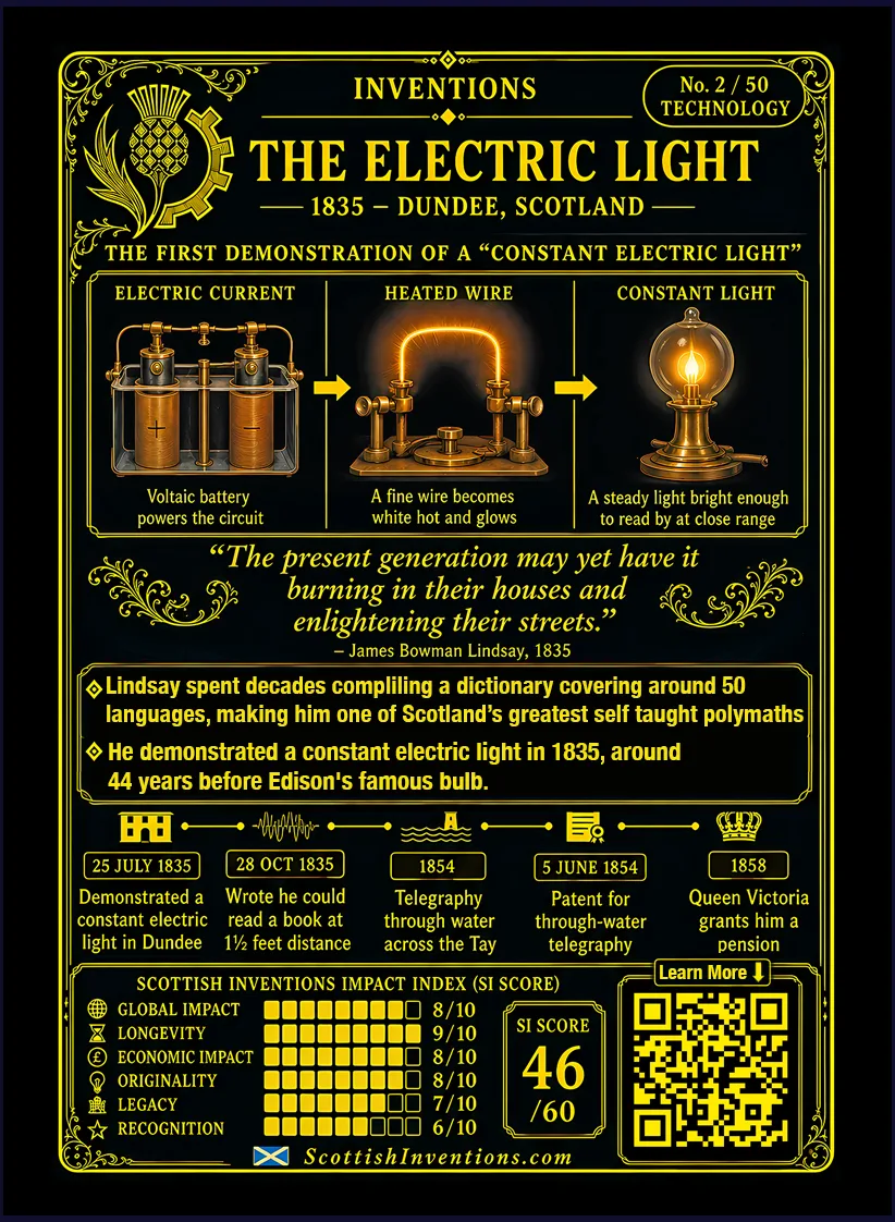 The Electric Light card reverse — pioneer timeline diagram from Lindsay's 1835 Dundee demonstration through de la Rue's 1840 vacuum experiment to Swan and Edison's 1879 practical lamp, timeline from 1799 to 1854, note on Lindsay's through-water telegraphy across the Tay and his 50-language dictionary
