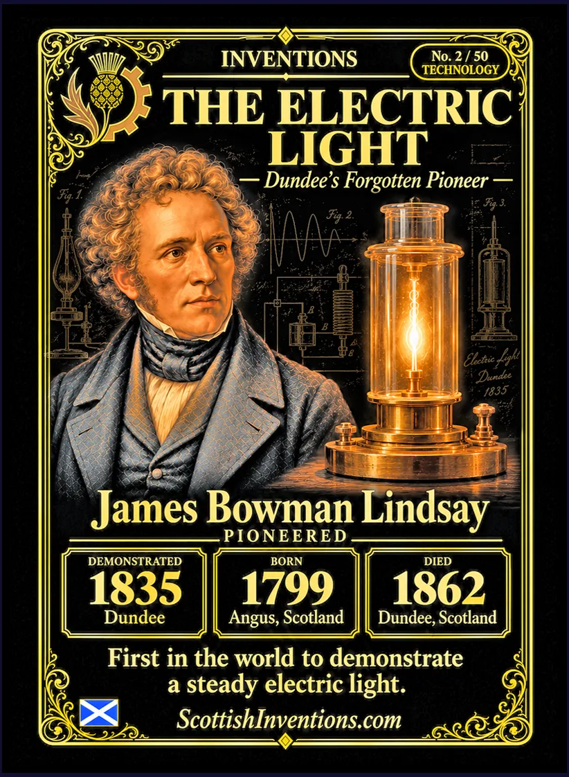 The Electric Light collectible card — James Bowman Lindsay, born Carmyllie Angus Scotland 1799, died Dundee Scotland 1862, pioneered a constant electric light demonstrated in Dundee on 25 July 1835, 44 years before Edison and Swan's practical lamps, Scottish Inventions Collection No. 2 of 50