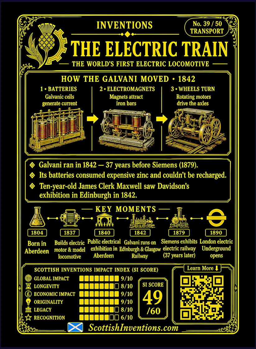 Electric Locomotive card reverse — engineering diagram explaining how Robert Davidson's Galvani locomotive operated using galvanic batteries and electromagnetic motors, timeline from early motor experiments to the 1842 demonstration, plus historical context explaining its influence on the development of modern electric railways.