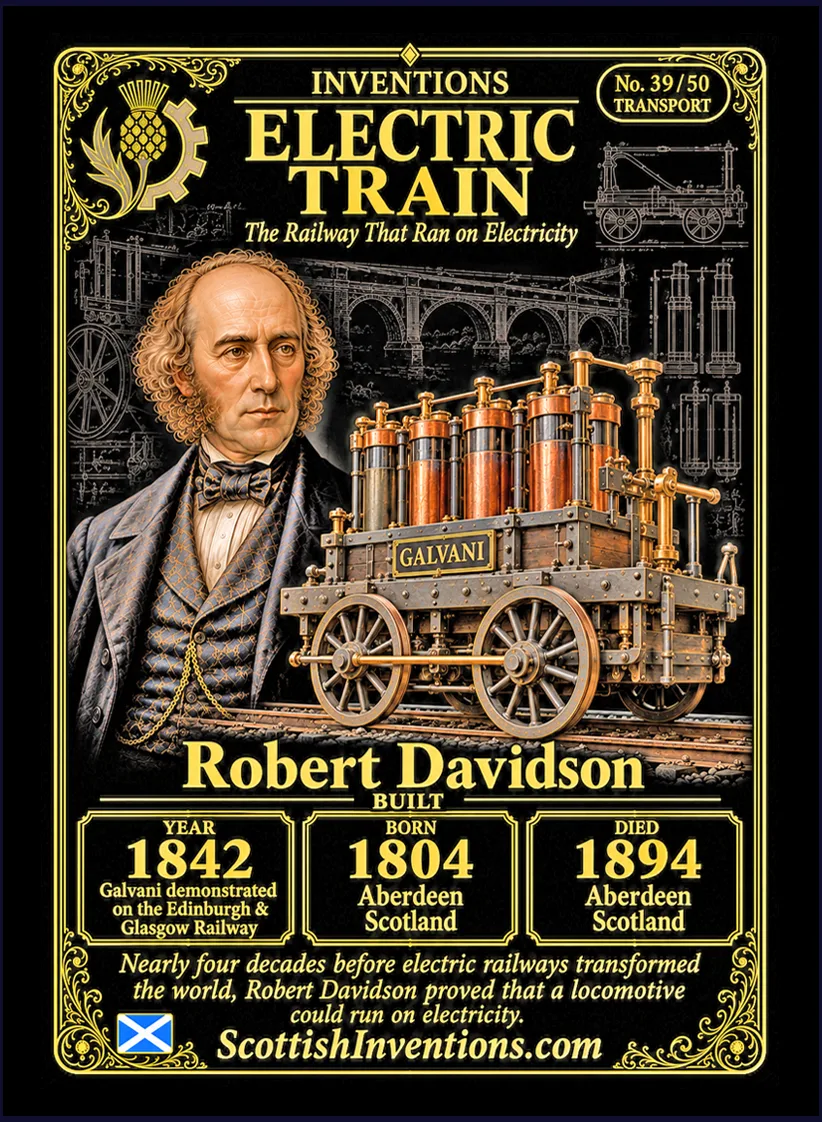 Electric Locomotive collectible card — Robert Davidson, born Aberdeen Scotland 1804, died Aberdeen Scotland 1894, builder of the world's first known electric railway locomotive, demonstrated on the Edinburgh & Glasgow Railway in 1842, Scottish Inventions Collection No. 39 of 50.