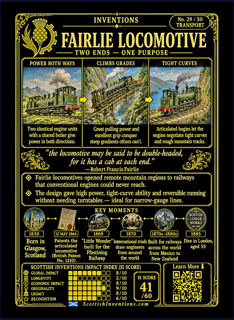 Fairlie Locomotive card reverse — engineering diagram explaining Robert Fairlie's articulated steam locomotive with swivelling powered bogies, flexible steam joints and double-ended operation, timeline from the 1864 patent through the famous Little Wonder demonstrations on the Ffestiniog Railway, plus historical context explaining its worldwide influence.
