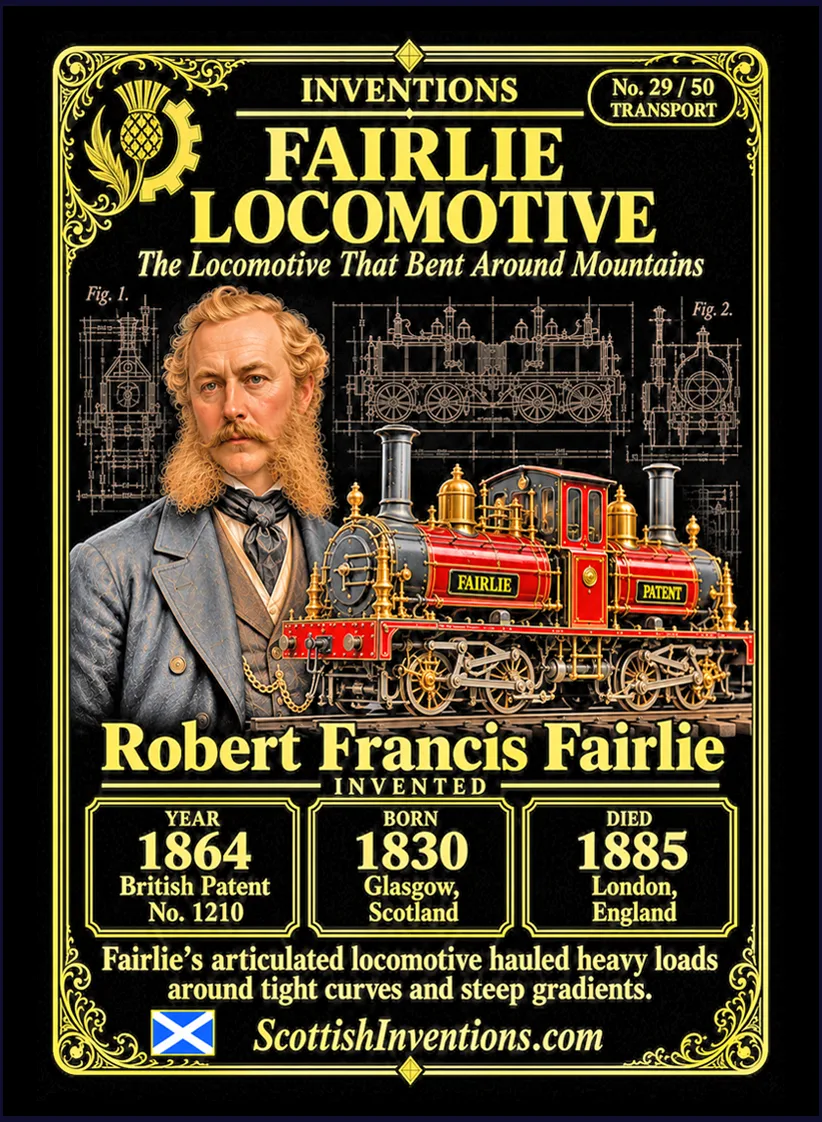 Fairlie Locomotive collectible card — Robert Francis Fairlie, born Glasgow Scotland 1830, died London England 1885, inventor of the articulated double-ended Fairlie locomotive, British Patent No. 1210 of 1864, Scottish Inventions Collection No. 29 of 50.