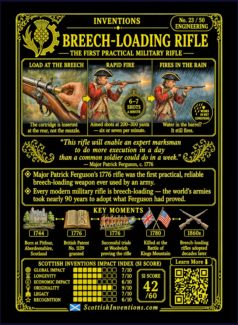 The Ferguson Rifle card reverse — comparison showing the advantages of Ferguson's breech-loading rifle over the Brown Bess musket, with timeline from the 1776 Woolwich demonstration to the later adoption of breech-loading military rifles