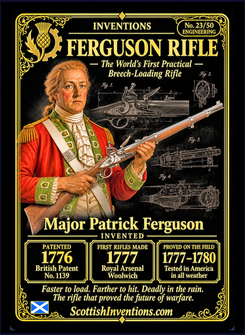 The Ferguson Rifle collectible card — Major Patrick Ferguson's revolutionary breech-loading rifle, patented and demonstrated in 1776, capable of rapid loading and firing in wet conditions decades ahead of its time, Scottish Inventions Collection No. 23 of 50