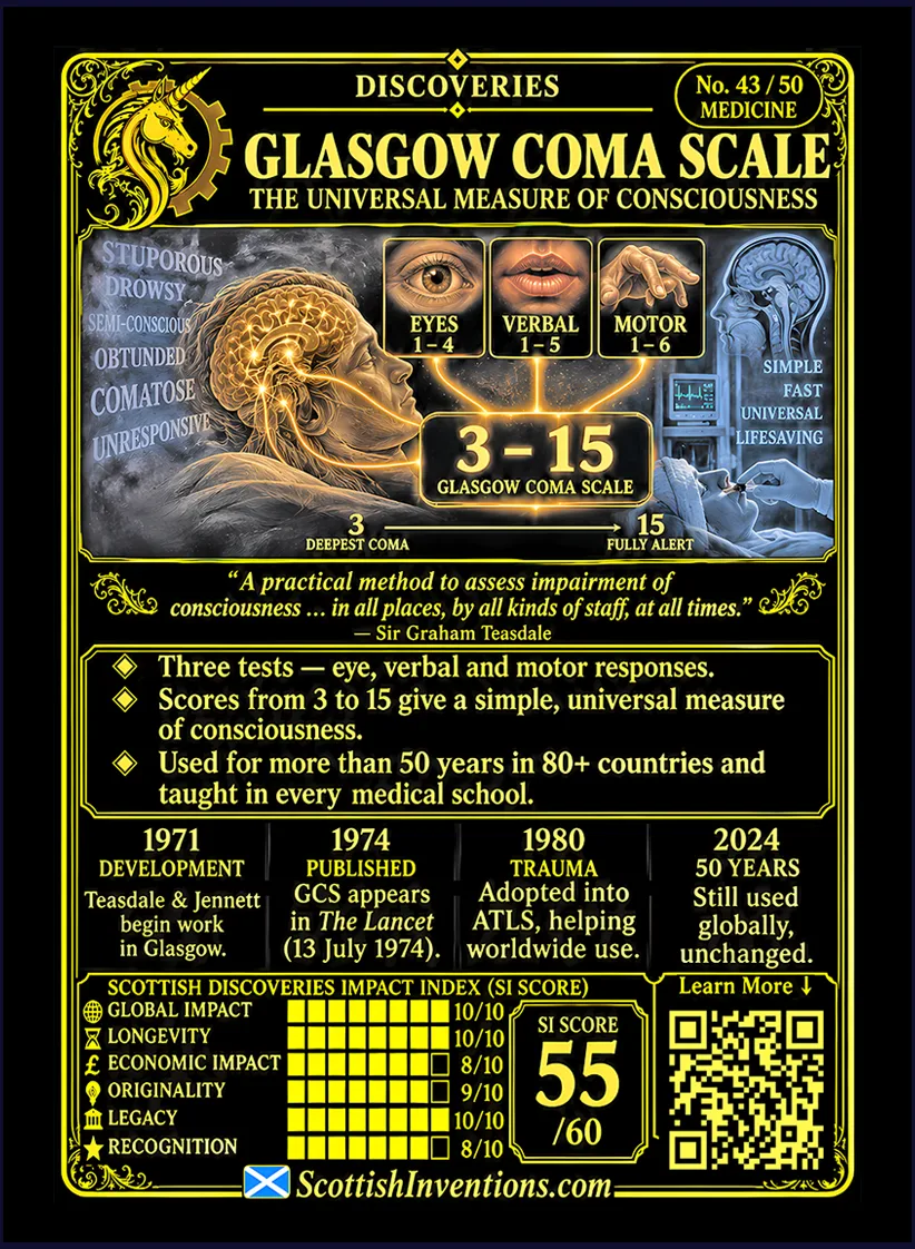 Back of the Scottish Discoveries collectible card for the Glasgow Coma Scale, with key facts.