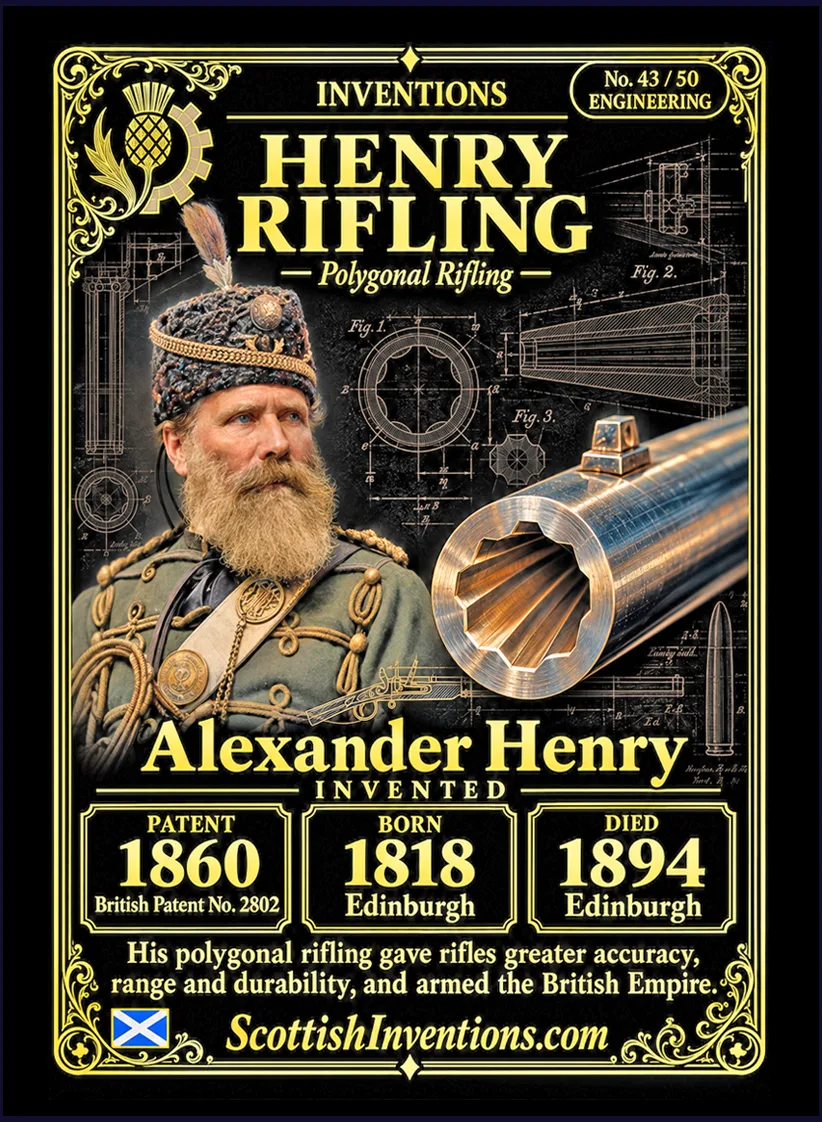 Henry Rifling collectible card — Alexander Henry, born Edinburgh Scotland 1818, died Edinburgh Scotland 1894, inventor of seven-groove polygonal rifling patented in 1860, later adopted for the Martini-Henry rifle, Scottish Inventions Collection No. 43 of 50