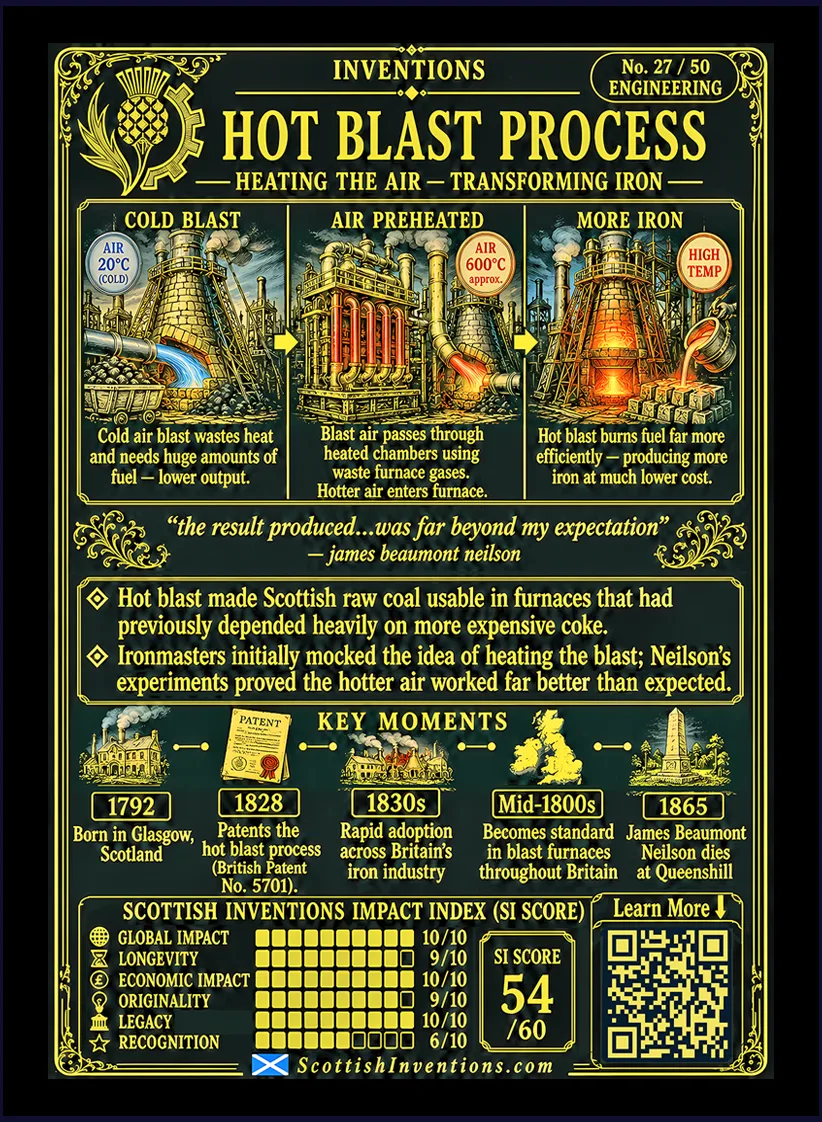 The Hot Blast Process reverse card showing how waste heat was used to preheat furnace air, James Beaumont Neilson timeline from 1792 to 1865, myth-busting panel explaining that he did not invent the blast furnace itself, and the impact of hot blast technology on iron production and the Industrial Revolution.